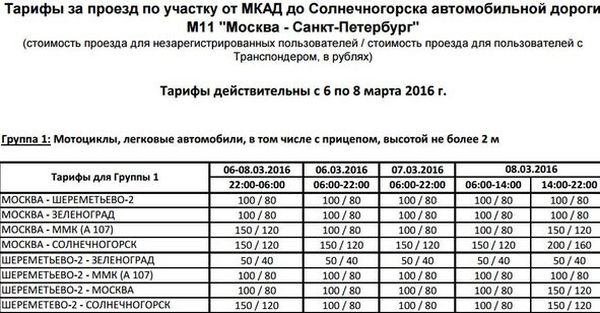 На трассе М11 введен праздничный тариф с 6 по 8 марта 2016 года